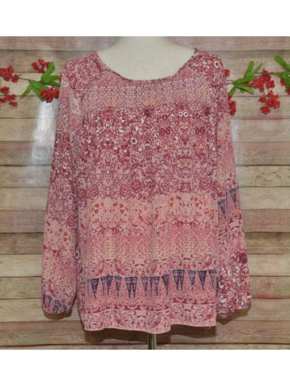 Signature Studio XL Boho Pink Paisley Patchwork Print Peasant Blouse Tunic Top